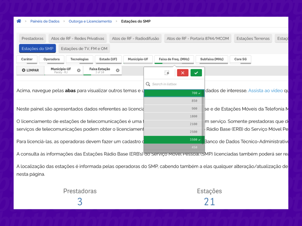 Filtro por frequência no painel Estaçoes do SMP da Anatel