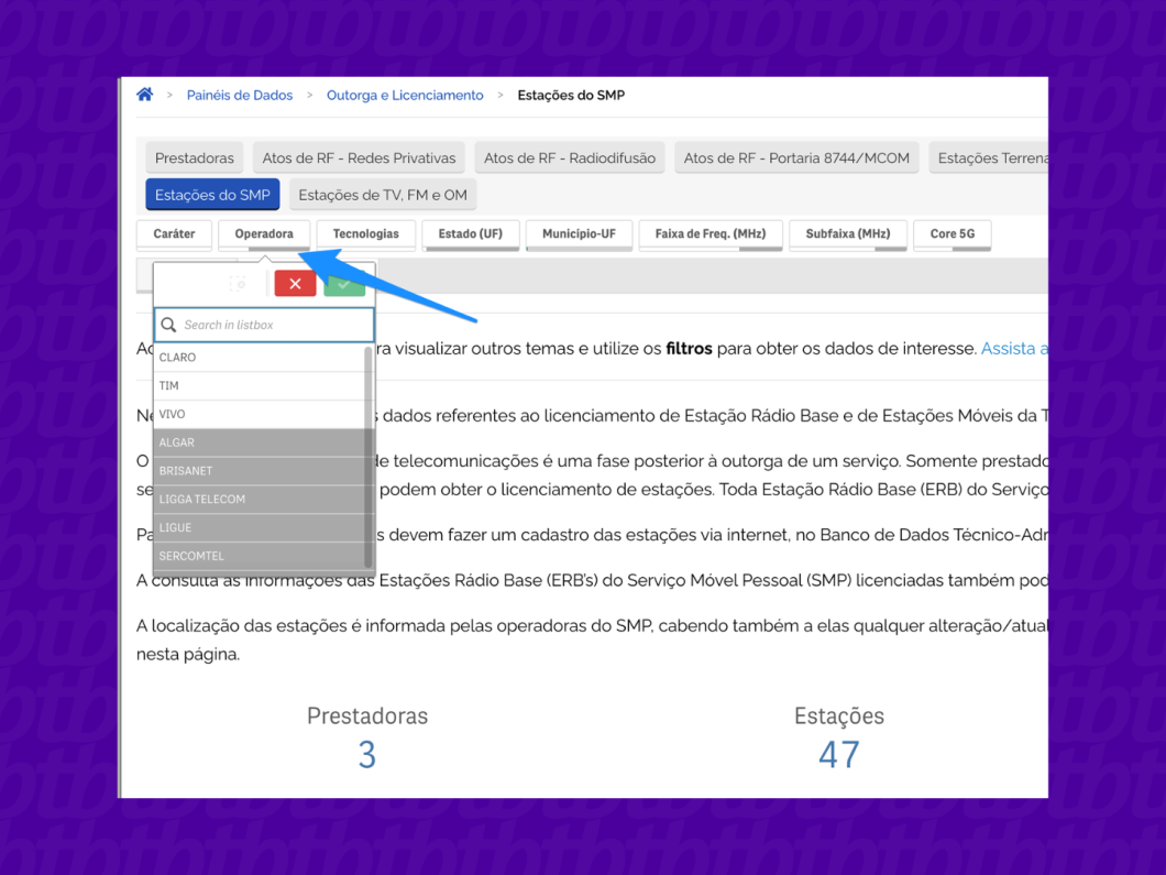 Seleção de operadora no painel Estações SMP da Anatel