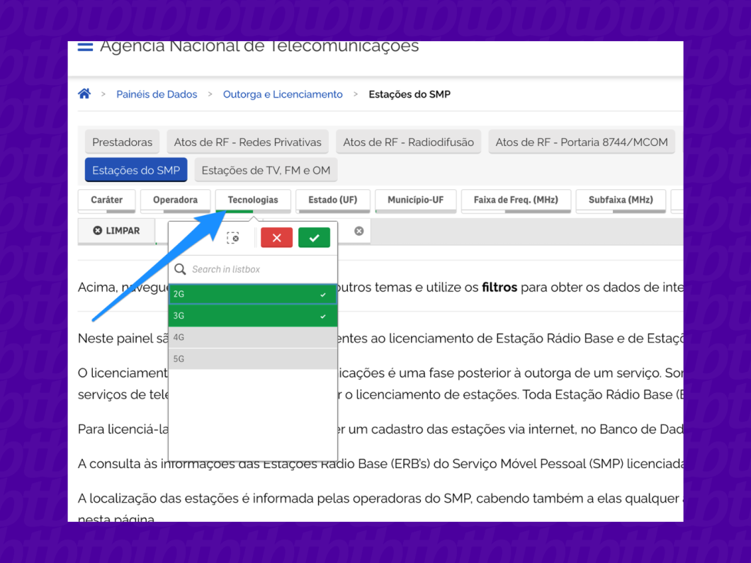 Filtrando antenas de celular pela geração de redes móveis no painel da Anatel