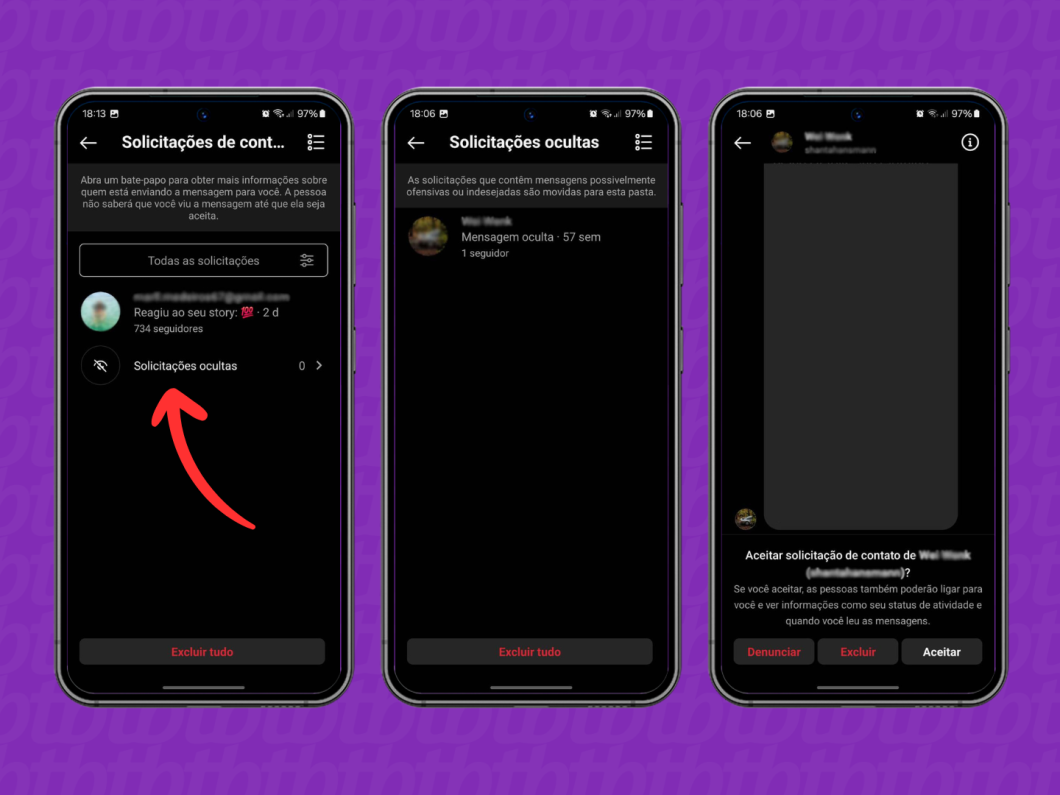 Capturas de tela do aplicativo Instagram mostram como ver as mensagens de solicitações ocultas