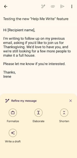 Ferramentas para refinar e-mails elaborados com o recurso Help Me Write no aplicativo Gmail